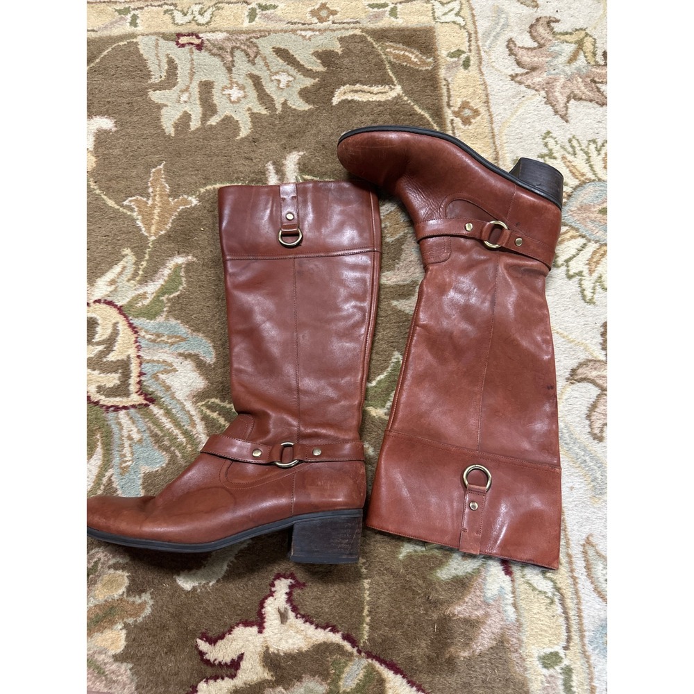 Bandolino Womens Cognac Brown Leather Tall Riding Boots Harness Detail Size 10